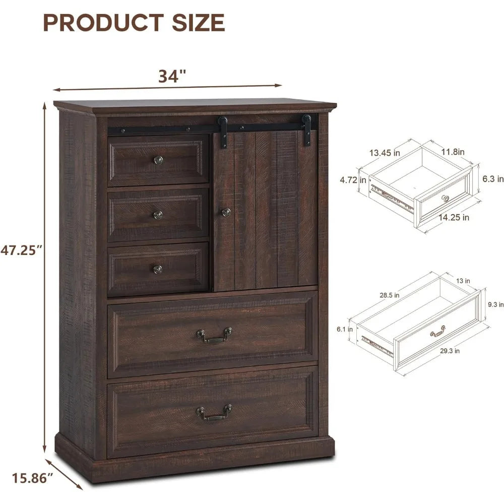 5 Drawers Dresser for Bedroom - 47" Tall Chest of Drawers w/Sliding Barn Door