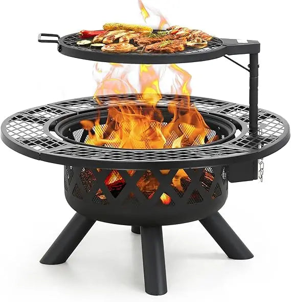 Fire Pit with Poker - 32 inch Outdoor Wood Burning Firepit with Grill