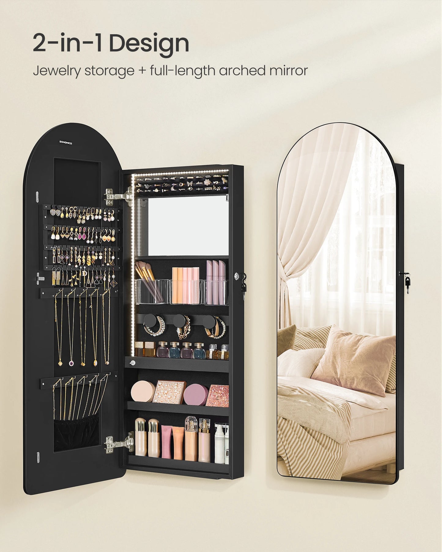 Wide Jewelry Organizer - LED Jewelry Cabinet Wall/Door Mounted - Arched Mirror with Storage - Lockable - Rounded Corner