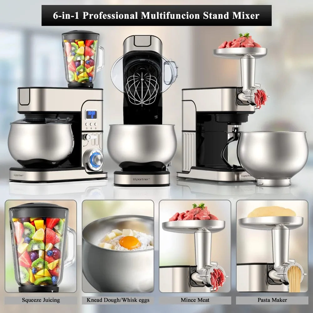 Multi-Function Kitchen Blender 6-IN-1 Stand Mixer - LCD Display Kitchen Electric Mixer