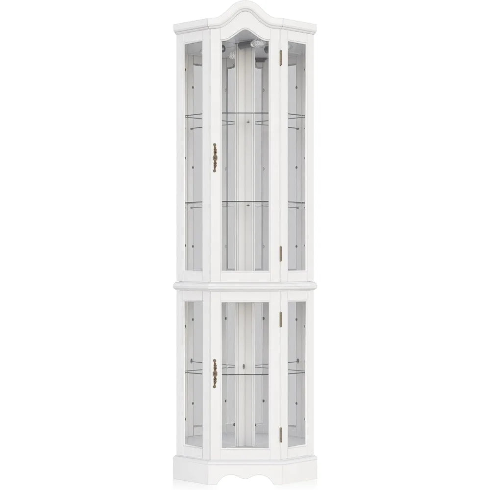 Lighted 3-Side Glass Display Curio Cabinet w/ Tempered Glass Doors and Shelves - Curved Wood Corner Cabinet with Bulb