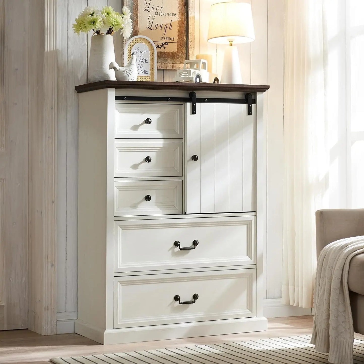 5 Drawers Dresser for Bedroom - 47" Tall Chest of Drawers w/Sliding Barn Door