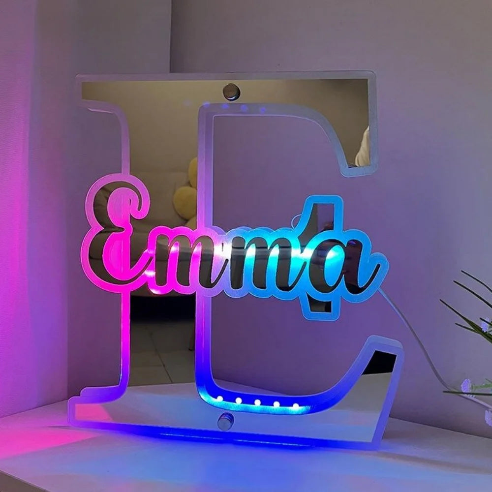 Personalized Name & Letter Mirror Light - 12 Color LED Illumination - For Any Occasion