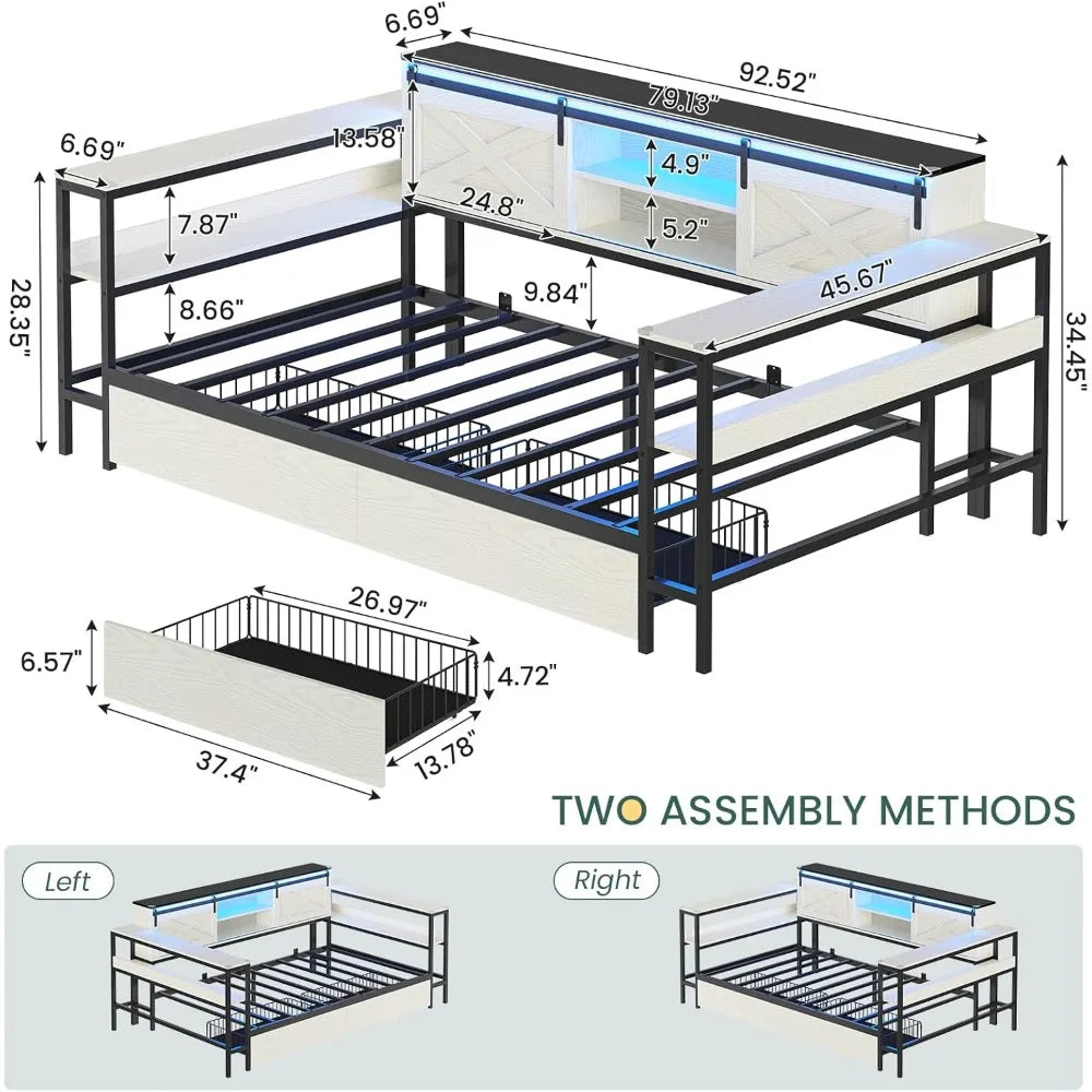 DICTAC Corner Twin XL Bed Frame with Storage Drawers -Charging Station and Led Lights - Daybed with Storage