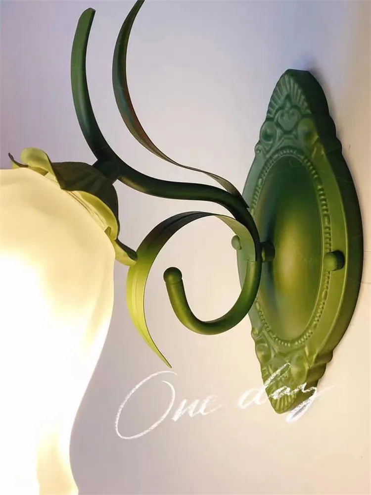 French Flower Wall Light Sconce - Moves Up & Down - Iron Base & Frosted Glass - Indoor Decoration