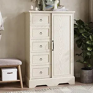 Dresser Storage Cabinet With 5 Drawers and Sliding Barn Door - 48" Tall Wood Rustic Chest for Bedroom, Kitchen Or Office
