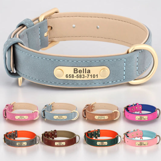 Custom Engraved PU Leather Dog Collars - ID Tag Nameplate For Small, Medium & Large Dogs