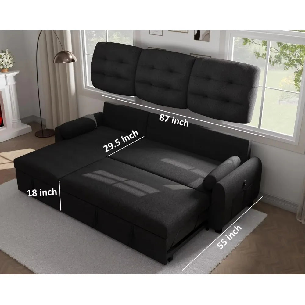 L Shaped Living Room Sectional Sofas - 87" Sleeper Sofa Bed with Side Pocket & Charging Station - Removable Backrest