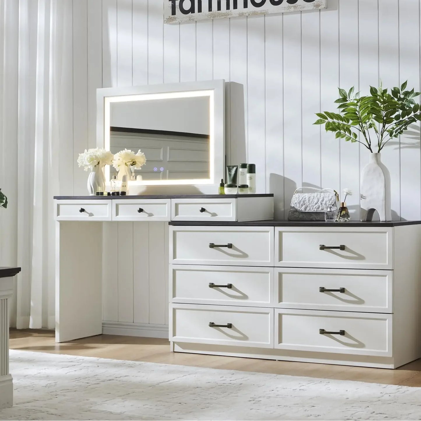 69" W Big Vanity Desk with Glass Top - Makeup Table with 9 Large Storage Drawers - w/3 Color Available Light - White