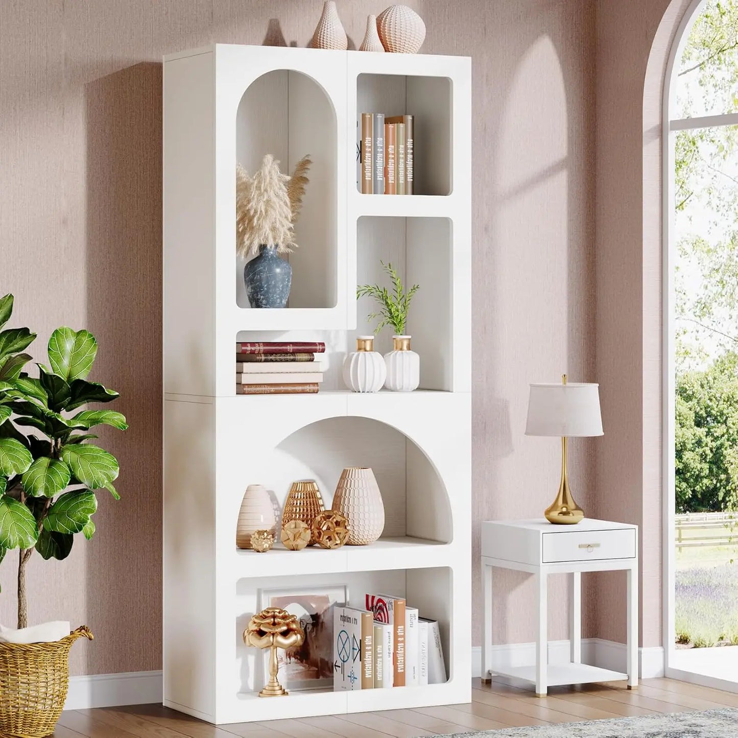 70.87" Tall Geometric Bookshelf - White Arched Bookcase with 5 Irregular Storage Shelves - Free-Standing for Living Room, Bedroom, Office