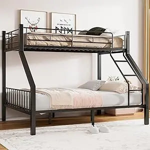 Twin XL Over Queen Bunk Bed - Heavy Duty Bunk Bed with Safety Ladder and Full-Length Guardrails - Metal Queen Bed Frame with Slats
