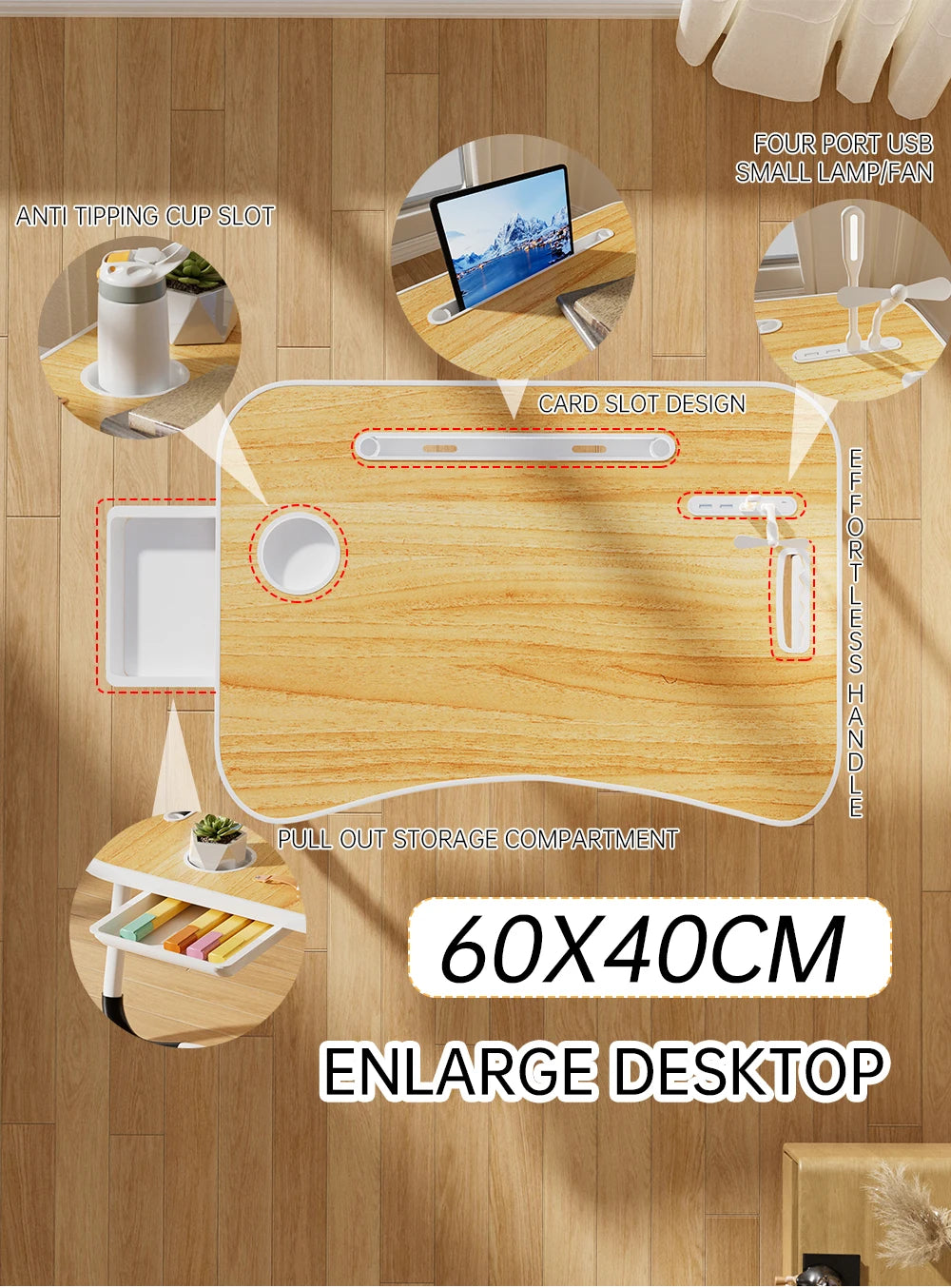 Portable Laptop Desk with USB Light, Small Fan, Cup Holder, Tablet Slot, and Lifting Handle - Foldable Laptop Table