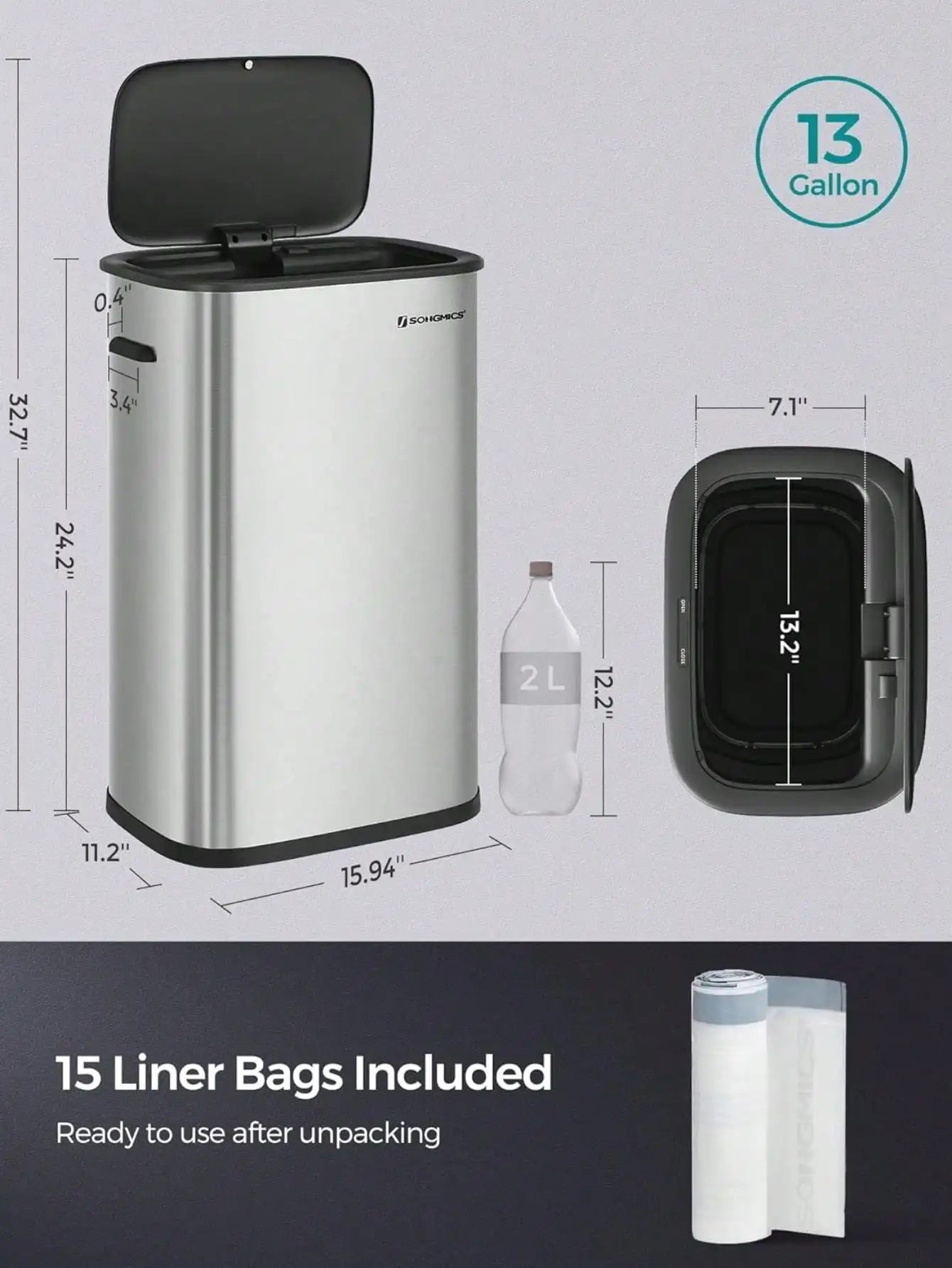 Motion Sensor Trash Can - 13 Gallon Automatic Garbage Can with Soft-Close Lid - Bag Retainer Ring - Stainless Steel