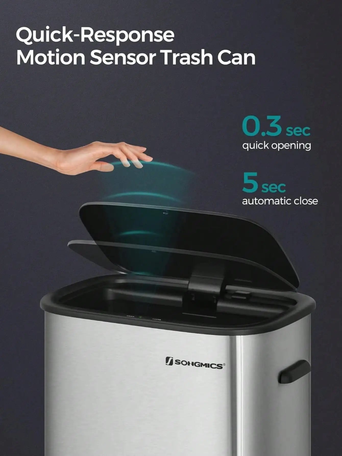Motion Sensor Trash Can - 13 Gallon Automatic Garbage Can with Soft-Close Lid - Bag Retainer Ring - Stainless Steel