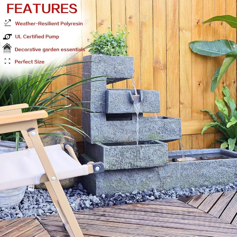 Tiered Waterfall Fountain Outdoor Garden - Concrete Artistry Modern Style with LED Lights
