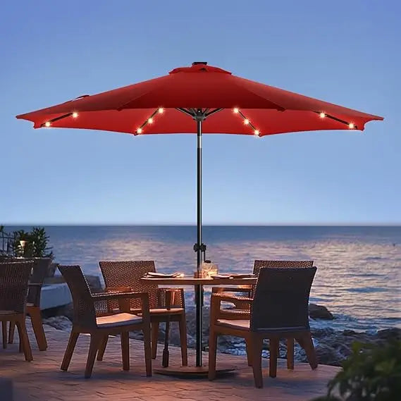9ft Solar Led Patio Umbrella - Sturdy Outdoor Market Umbrella for Deck, Pool, Garden w/Tilt, Crank, 32 LED Lights, Carbon Grey