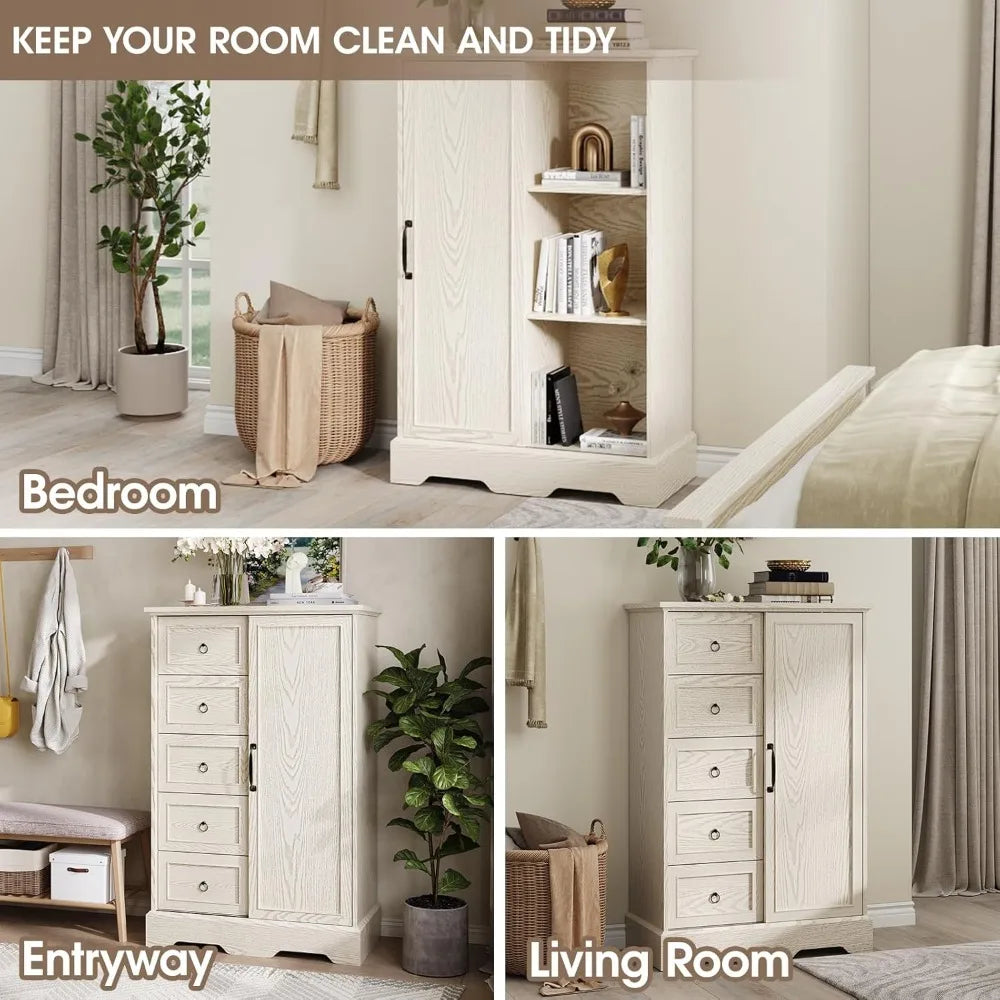 Dresser Storage Cabinet With 5 Drawers and Sliding Barn Door - 48" Tall Wood Rustic Chest for Bedroom, Kitchen Or Office