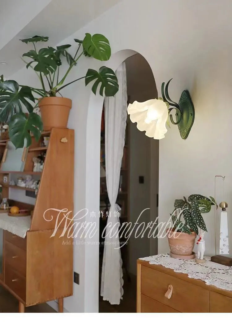 French Flower Wall Light Sconce - Moves Up & Down - Iron Base & Frosted Glass - Indoor Decoration