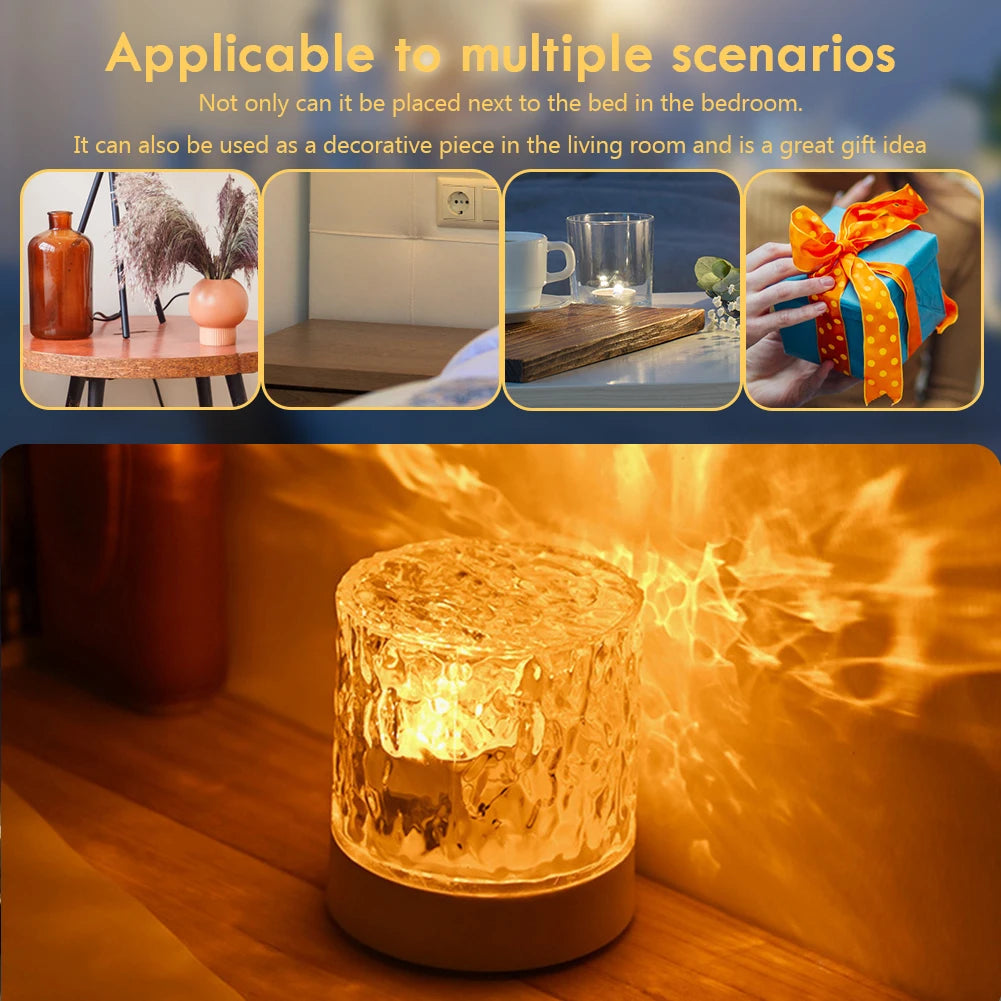Water Ripple Night Light Touch Control Rotating Water Wave Lamp Projector USB Rechargeable Atmosphere Crystal Lamp Room Decor
