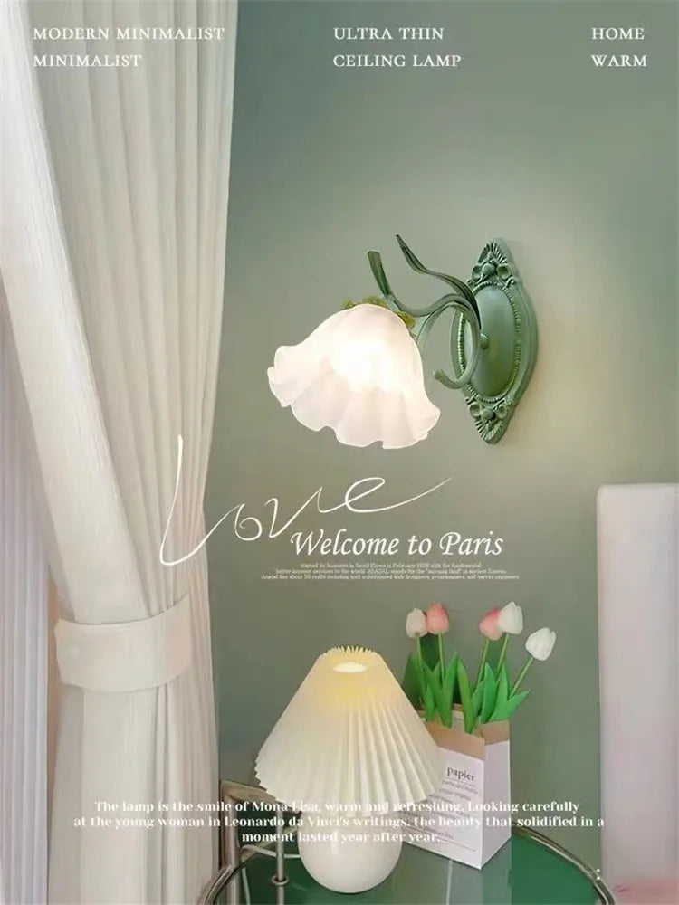 French Flower Wall Light Sconce - Moves Up & Down - Iron Base & Frosted Glass - Indoor Decoration