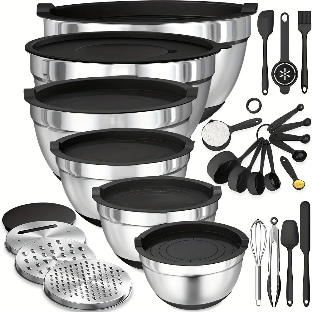 17 Piece Stainless Steel Mixing Bowls With Lids - Grater Attachment - Non-Slip Kitchen Gadget Set - Mixing And Serving
