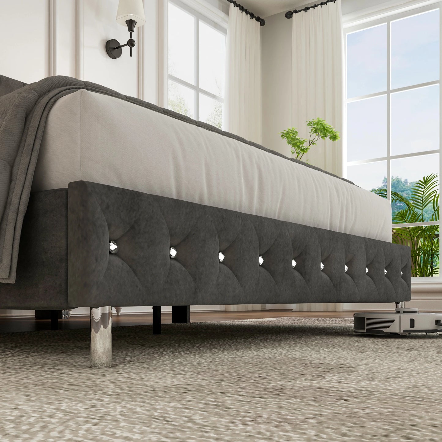 Bed Frame w/ A Wingback Headboard - LED Lights & Charging Station - Modern Upholstered Platform with Diamond Button Tuff
