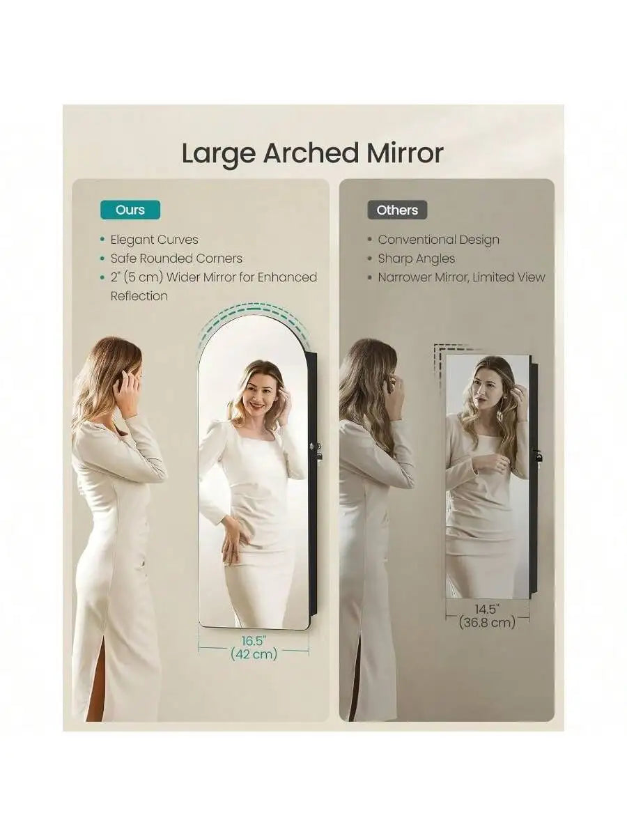 Wide Jewelry Organizer - LED Jewelry Cabinet Wall/Door Mounted - Arched Mirror with Storage - Lockable - Rounded Corner
