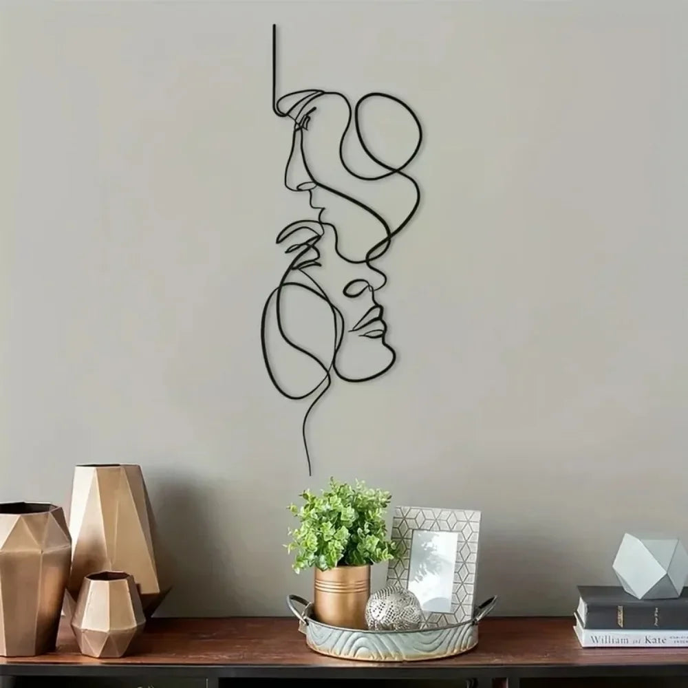 New Metal Wall Art Minimalist - Facial Line Wall Decor - Abstract Black Iron Sculpture for Modern Home - Hanging Decor