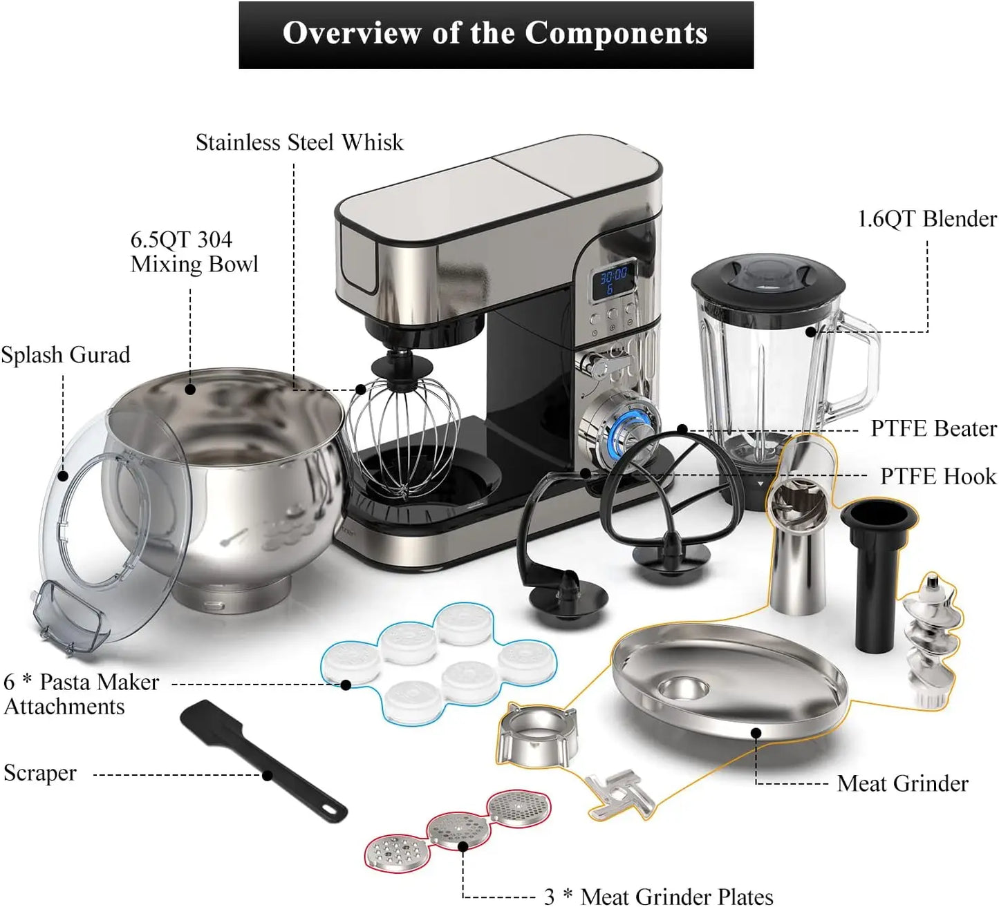 Multi-Function Kitchen Blender 6-IN-1 Stand Mixer - LCD Display Kitchen Electric Mixer