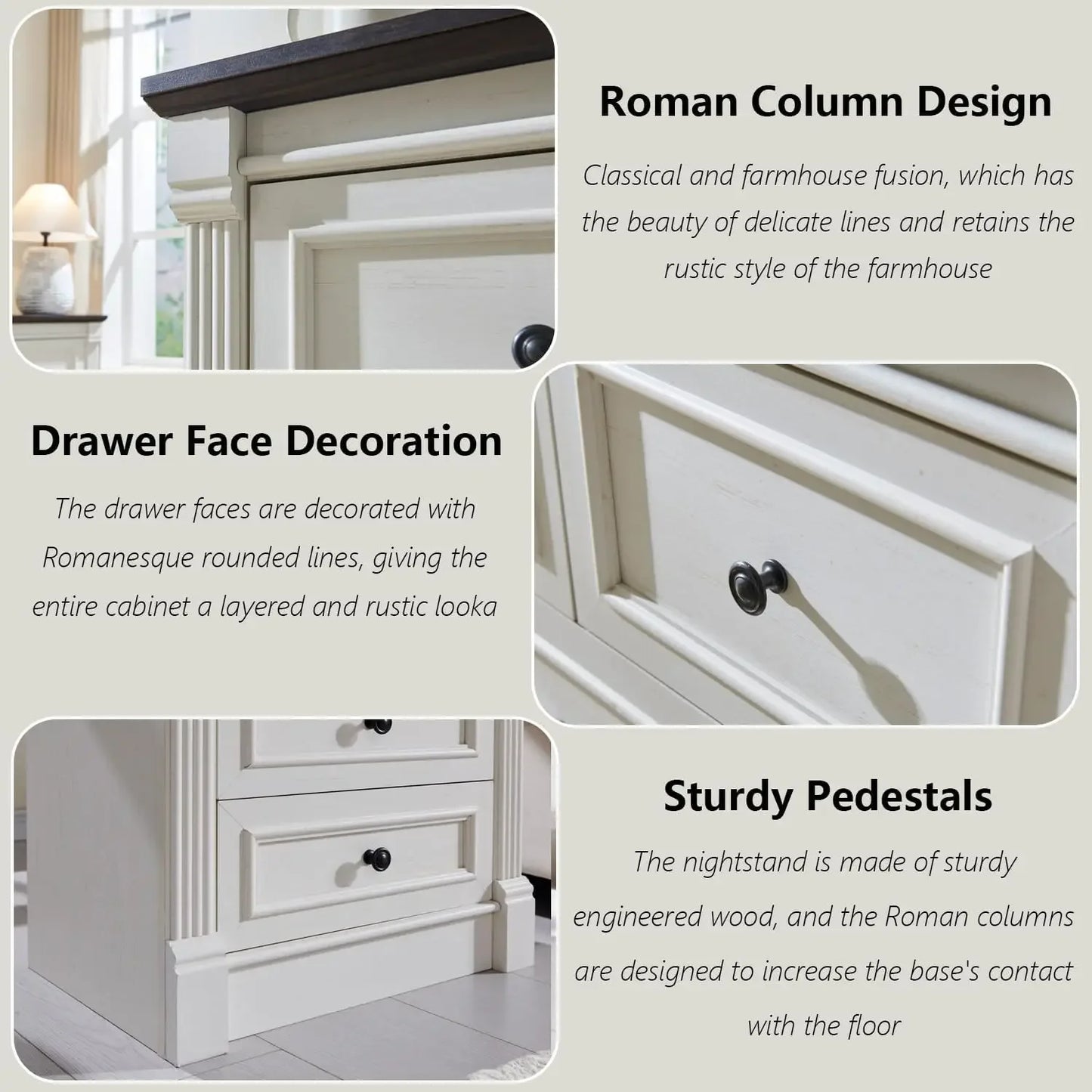 26" Tall Nightstand/End Table with Charging Station - Farmhouse 23.6" Wide w/Roman Column