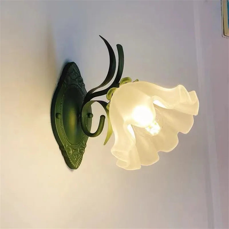 French Flower Wall Light Sconce - Moves Up & Down - Iron Base & Frosted Glass - Indoor Decoration