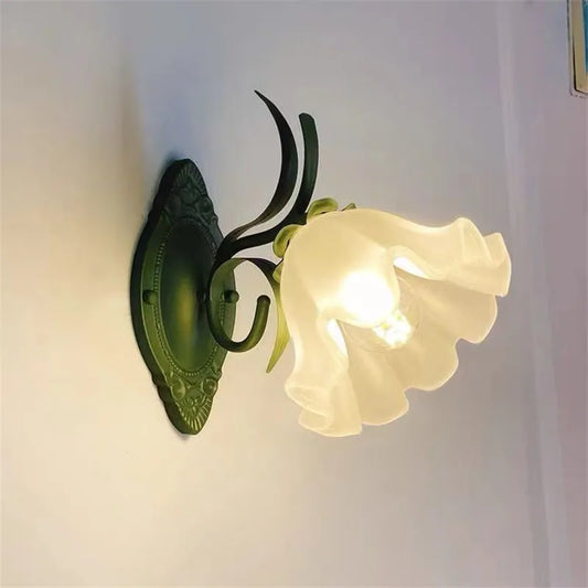 French Flower Wall Light Sconce - Moves Up & Down - Iron Base & Frosted Glass - Indoor Decoration