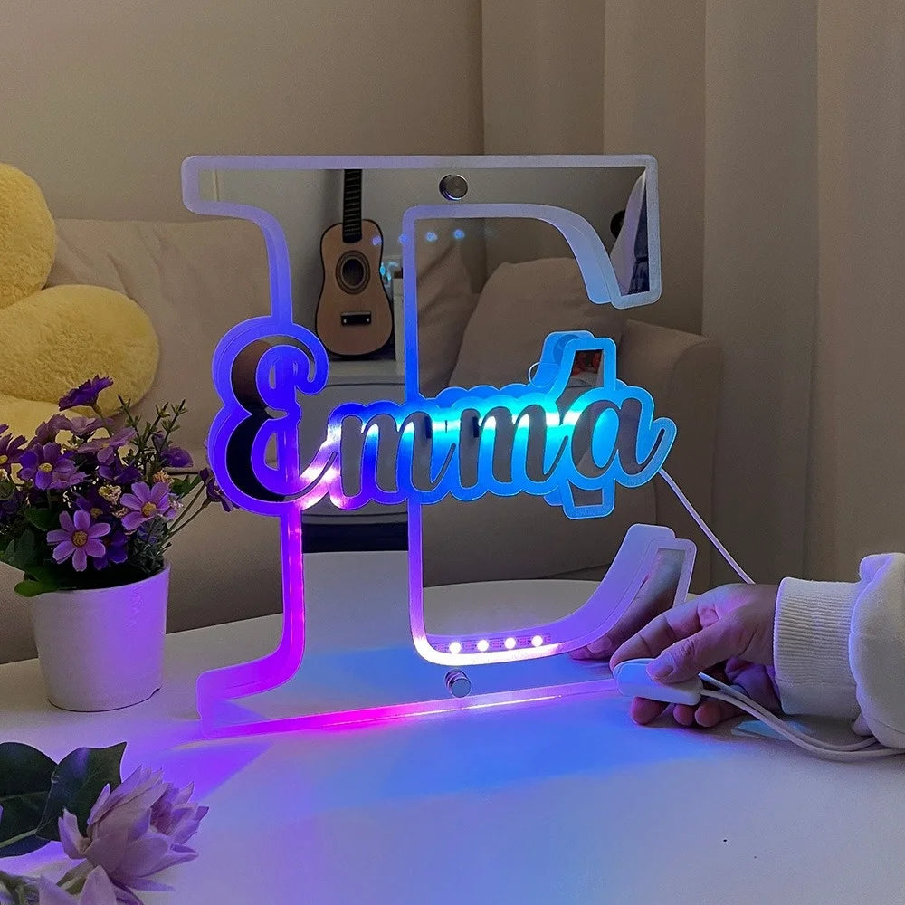 Personalized Name & Letter Mirror Light - 12 Color LED Illumination - For Any Occasion