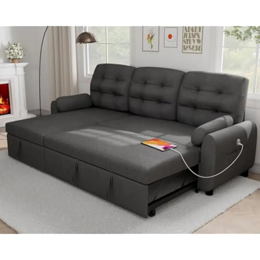 L Shaped Living Room Sectional Sofas - 87" Sleeper Sofa Bed with Side Pocket & Charging Station - Removable Backrest