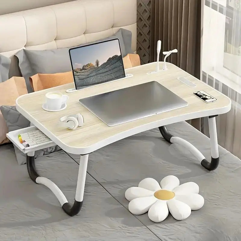 Portable Laptop Desk with USB Light, Small Fan, Cup Holder, Tablet Slot, and Lifting Handle - Foldable Laptop Table