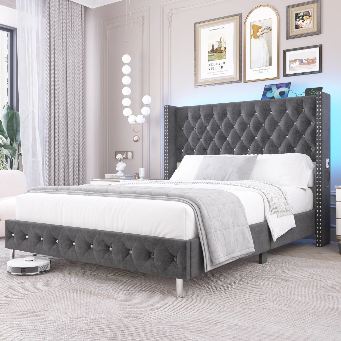 Bed Frame w/ A Wingback Headboard - LED Lights & Charging Station - Modern Upholstered Platform with Diamond Button Tuff