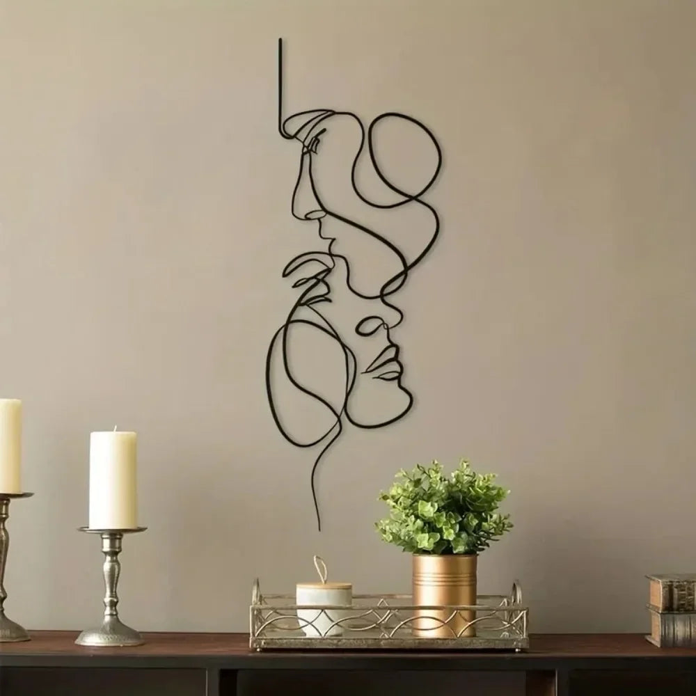 New Metal Wall Art Minimalist - Facial Line Wall Decor - Abstract Black Iron Sculpture for Modern Home - Hanging Decor