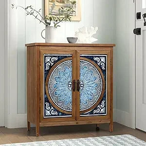 Sophia & William Accent Cabinet with 2 Doors - Distressed Storage Cabinet with Wood Frame and Checkered Patterns - Other Designs