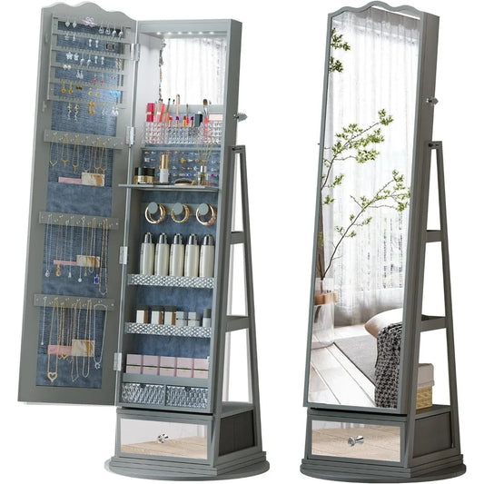 Full-Length Standing Mirror Jewelry Cabinet - 360 Swivel Armoire with LED Lights - Built-in Storage - Large Capacity Shelves & Drawer