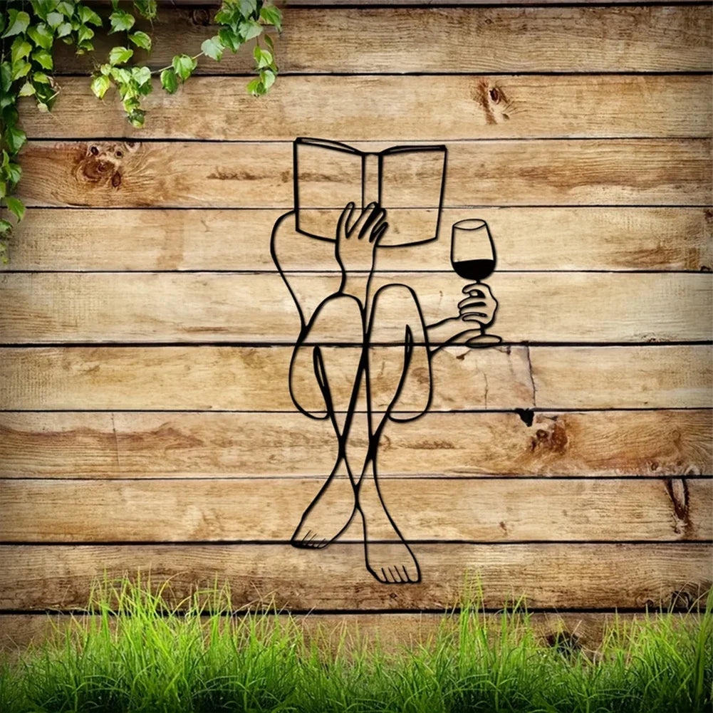 Woman Reading Book & Drinking Wine - Metal Wall Decor