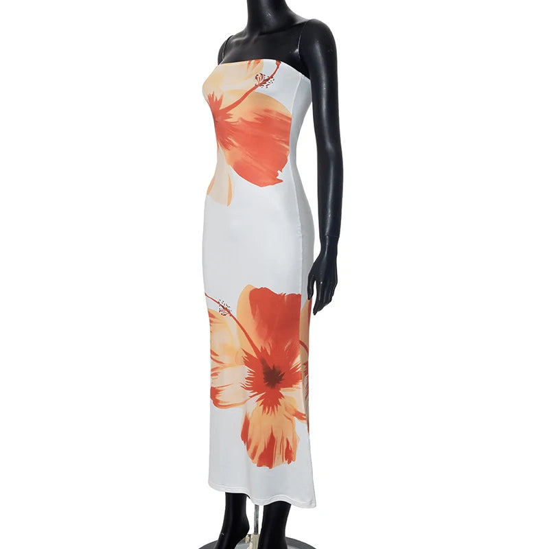 2025 New Floral Print Sleeveless Dress - Off Shoulder, Slim Fit - Floor Length Dress