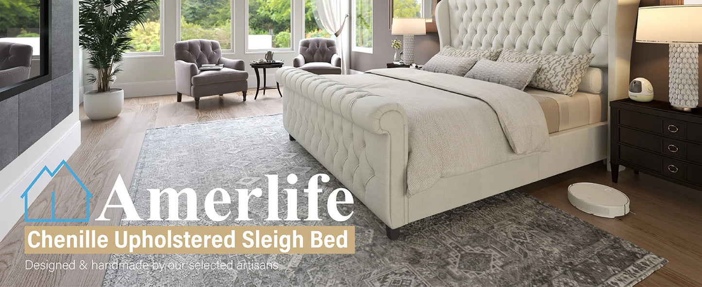 Queen Size Platform Bed Frame - Chenille Upholstered Sleigh Bed with Wingback Headboard - No Box Spring - Cream