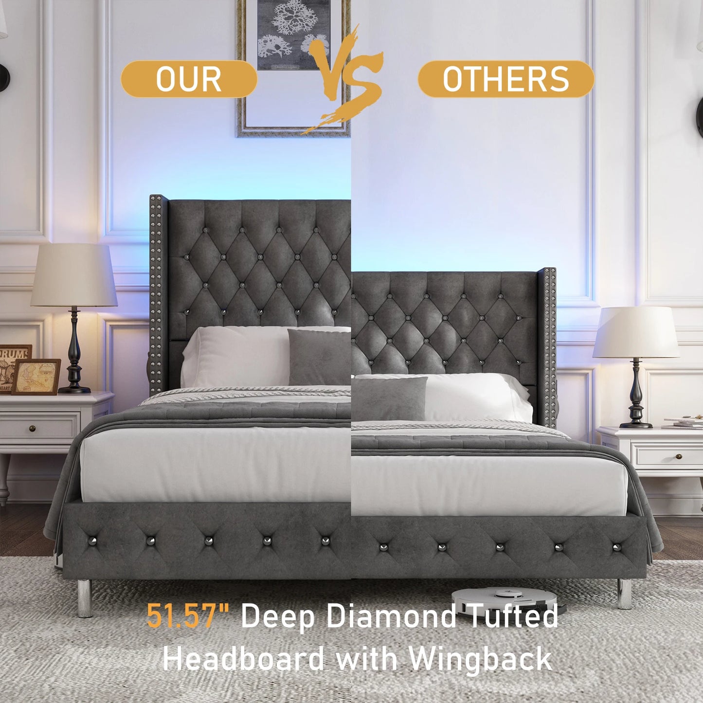 Bed Frame w/ A Wingback Headboard - LED Lights & Charging Station - Modern Upholstered Platform with Diamond Button Tuff