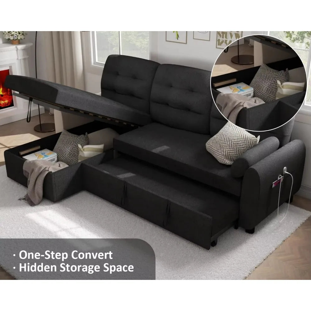 L Shaped Living Room Sectional Sofas - 87" Sleeper Sofa Bed with Side Pocket & Charging Station - Removable Backrest