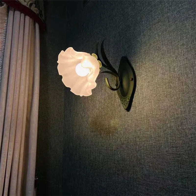 French Flower Wall Light Sconce - Moves Up & Down - Iron Base & Frosted Glass - Indoor Decoration