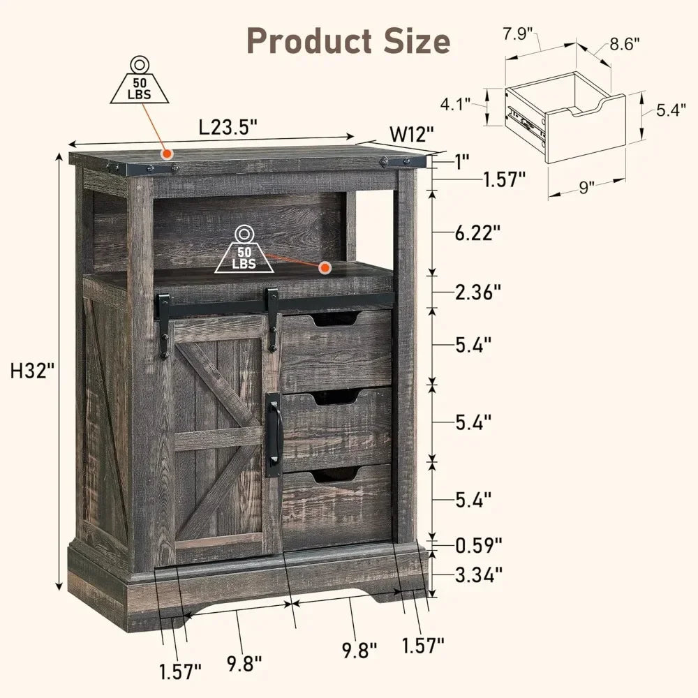 Bathroom Floor Cabinet - Storage Cabinet with Sliding Barn Door & Storage Drawers - Small Storage Cabinet for Office