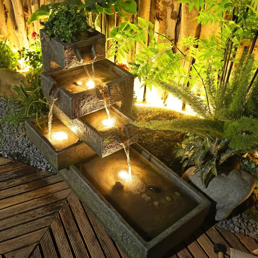 Tiered Waterfall Fountain Outdoor Garden - Concrete Artistry Modern Style with LED Lights