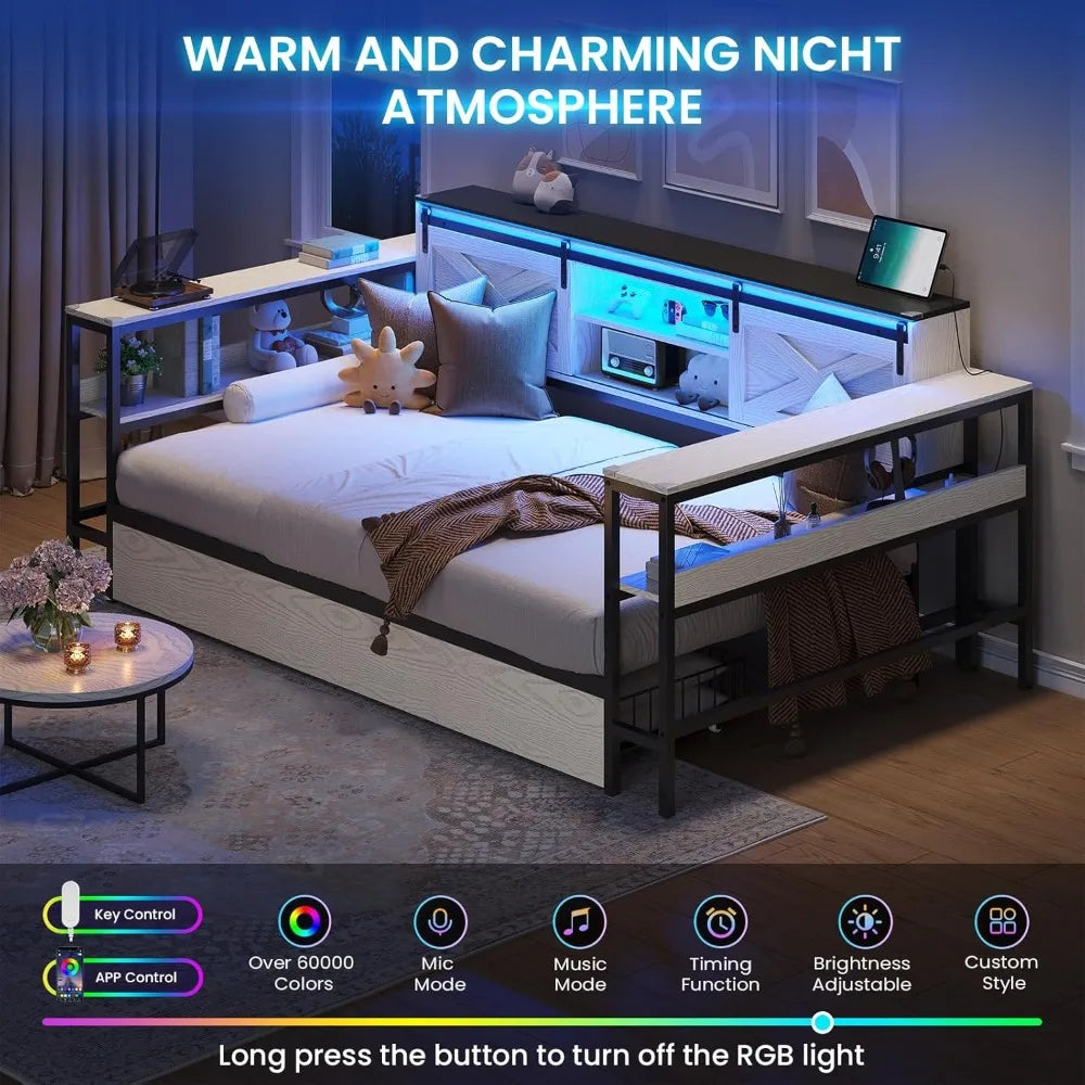 DICTAC Corner Twin XL Bed Frame with Storage Drawers -Charging Station and Led Lights - Daybed with Storage