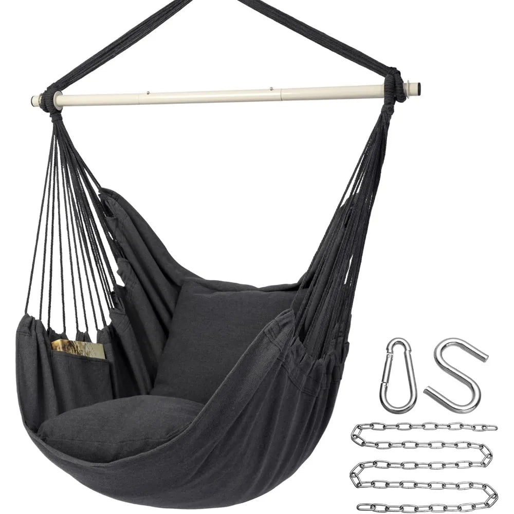 Hammock Chair Hanging Rope Swing Chair - Max 500 Lbs - 2 Seat Cushions Included - Removable Steel Spreader Bar