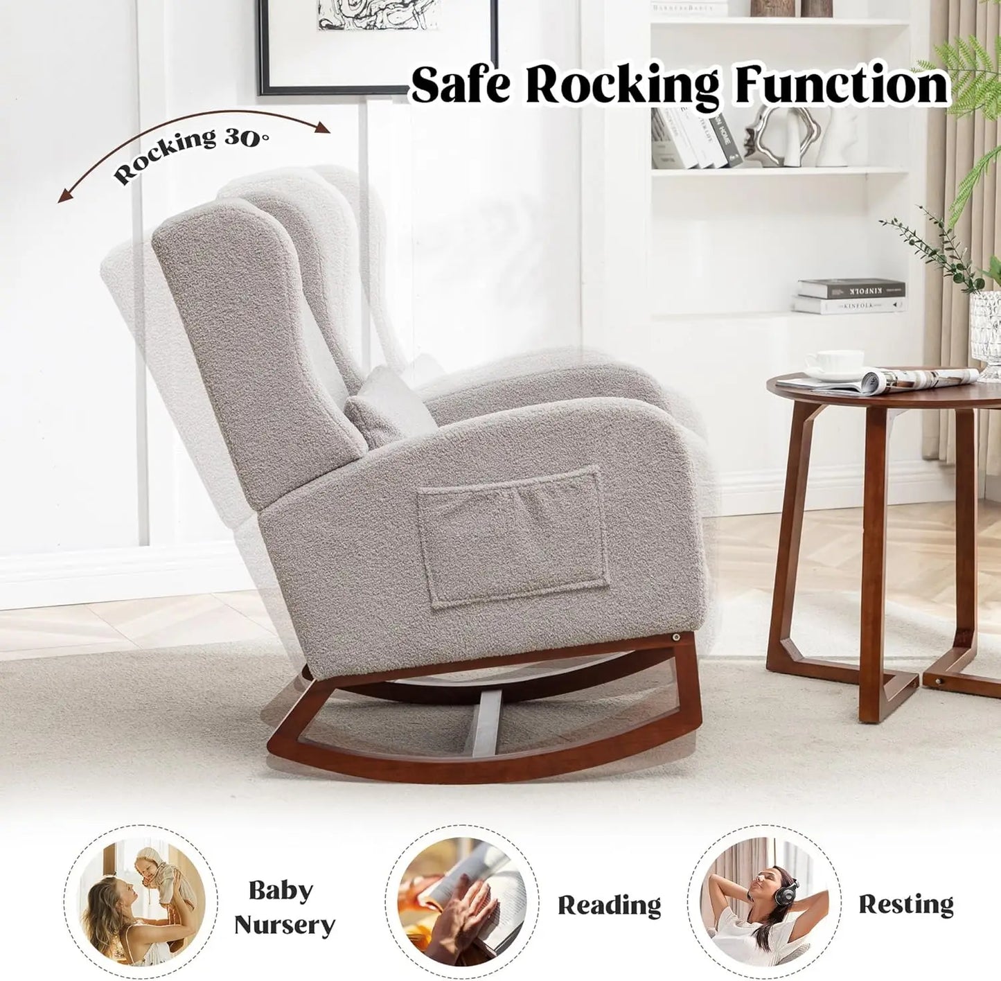 Rocking Chair with Foot Rest - Wingback Nursery Rocking Chair - Teddy Nursing Rocker Chair with Pillow